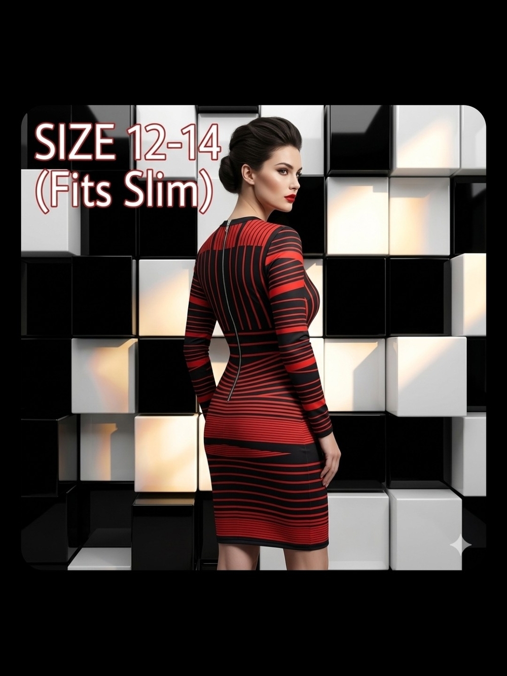 🟥 Geometric Stripe Bodycon Dress Slim Fit Sz 12-14